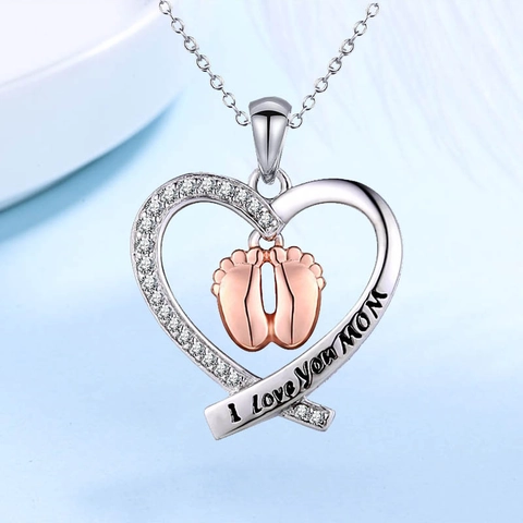 Collar Con Colgante De Corazón Para El Día De La Madre Con Huellas De Bebé Aleación Zirconia I Love You Mom Collar Grabado Regalo