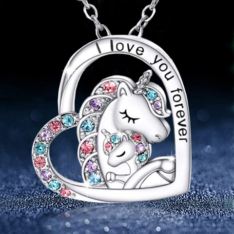 Fashion Alloy Colorful Rhinestone Mother Child Unicorn Heart Pendant Necklace For Women Girls Mother's Day Jewelry Gift