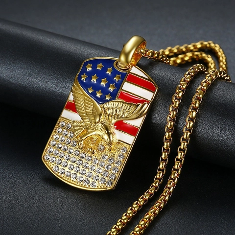 Hip Hop Stainless Steel Eagle American Flag Dog Tag Pendant Necklace With Rhinestones Vacuum Plated Punk Jewelry For Men