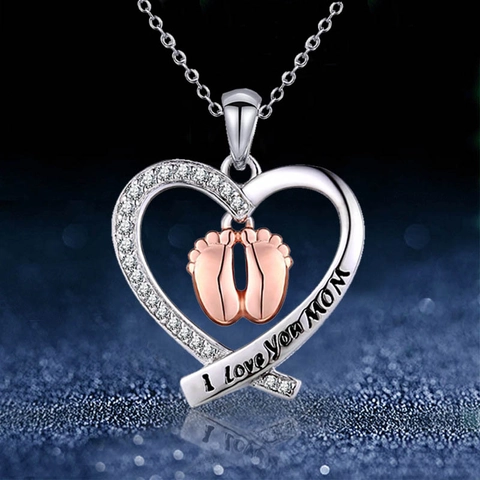 Collar Con Colgante De Corazón Para El Día De La Madre Con Huellas De Bebé Aleación Zirconia I Love You Mom Collar Grabado Regalo