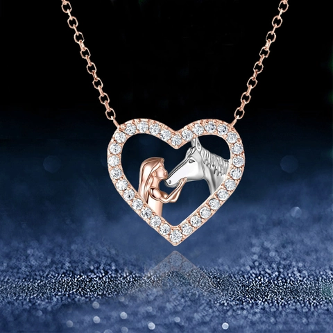 Heart Pendant Necklace Girl and Horse Motif Alloy Zirconia Inlaid Rose Gold Silver Fashion Jewelry For Women Gift