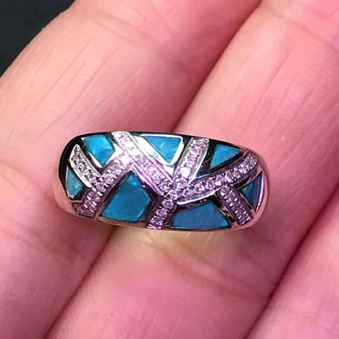 Vintage Geometric Alloy Wide Band Ring Blue Faux Opal Zircon Inlay Gold Silver Plated Enamel Ring For Women Finger Jewelry