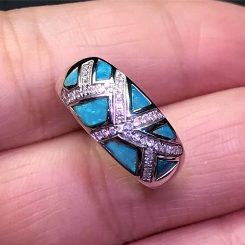 Vintage Geometric Alloy Wide Band Ring Blue Faux Opal Zircon Inlay Gold Silver Plated Enamel Ring For Women Finger Jewelry