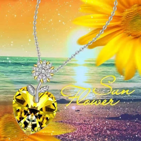 Elegant Alloy Sunflower Heart Pendant Necklace Yellow Faceted Crystal Cubic Zirconia Silver Tone Fashion Jewelry For Women Gift