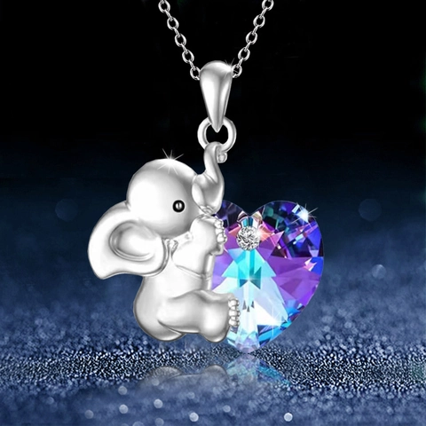 Fashion Alloy Elephant Holding Heart Pendant Necklace Silver Plated Purple Blue Artificial Crystal Jewelry For Women Gift