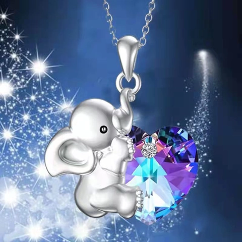 Fashion Alloy Elephant Holding Heart Pendant Necklace Silver Plated Purple Blue Artificial Crystal Jewelry For Women Gift