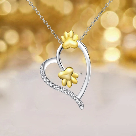 Collar de Colgante de Corazón de Aleación de Moda Con Huellas de Pata de Oro Collar de Cadena de Strass Bicolor para Joyería de Mujer Regalo