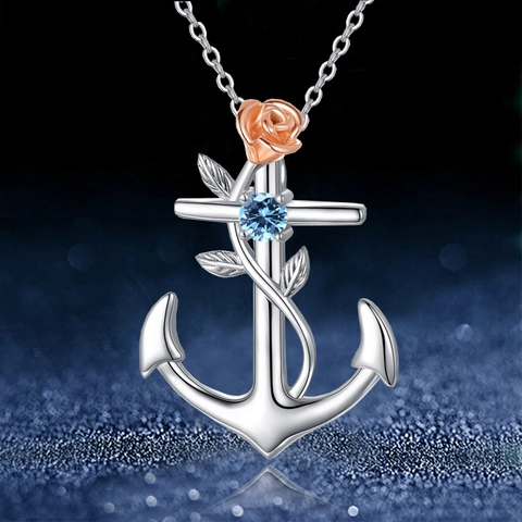 Collier Pendentif Croix Rose Ancre en Alliage de Zircone à la Mode pour Femmes Bijoux Élégants Plaqués Or Argent Cadeau pour la Saint-Valentin