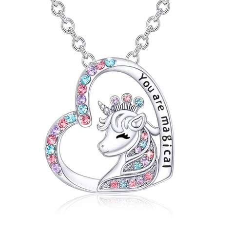 Ensemble de Bijoux Licorne Coeur pour Enfants Filles Collier Boucles d'Oreilles Bague Bracelet en Alliage Strass Gravé You Are Magical