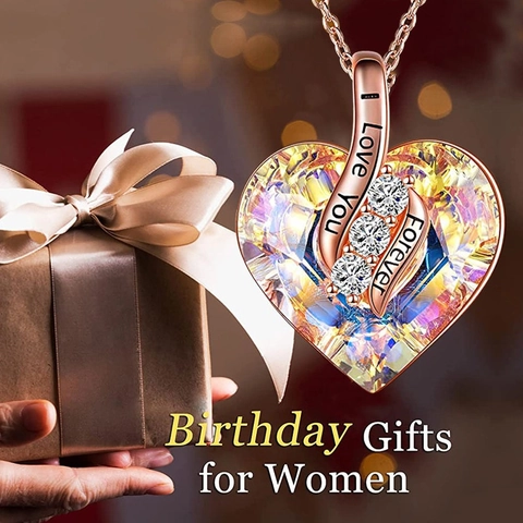 Rose Gold Heart Pendant Necklace For Women Alloy Artificial Crystal Engraved I Love You Forever Gift Fashion Jewelry