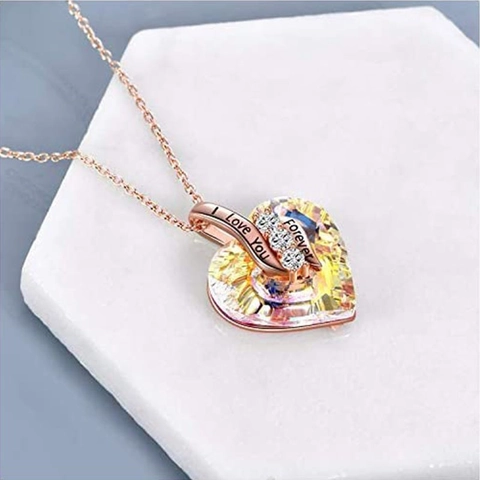 Rose Gold Heart Pendant Necklace For Women Alloy Artificial Crystal Engraved I Love You Forever Gift Fashion Jewelry
