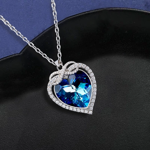 Infinite Figure 8 Heart Pendant Necklace Blue Crystal Alloy Rhinestone Silver Plated Chain For Women Valentine Gift