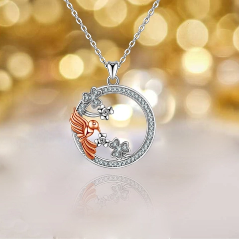 Fashion Alloy Rhinestone Hummingbird Flower Round Pendant Necklace For Women Hollow Clover Choker Jewelry Gift Silver Rose Gold