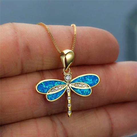 Fashion Dragonfly Pendant Necklace Women Alloy Simulated Opal Cubic Zirconia Animal Gold Plated Jewelry Daily Gift
