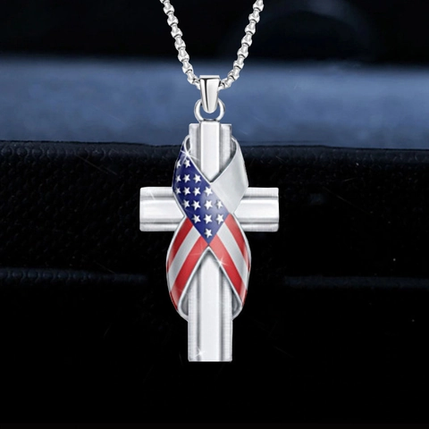Fashion Alloy American Flag Ribbon Cross Pendant Necklace Silver Plated Stars Stripes Religious Jewelry Gift For Men Women