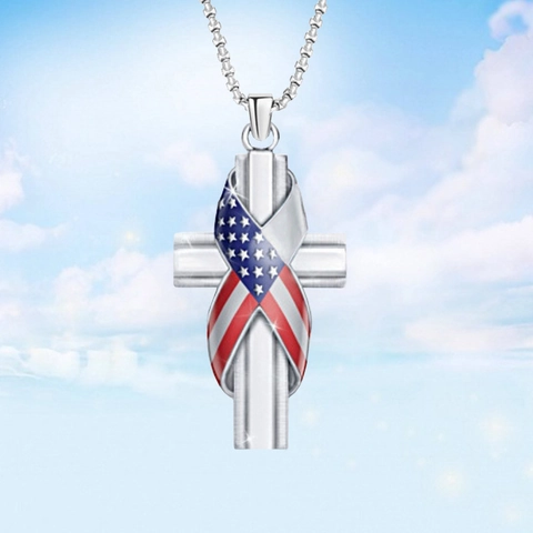 Fashion Alloy American Flag Ribbon Cross Pendant Necklace Silver Plated Stars Stripes Religious Jewelry Gift For Men Women