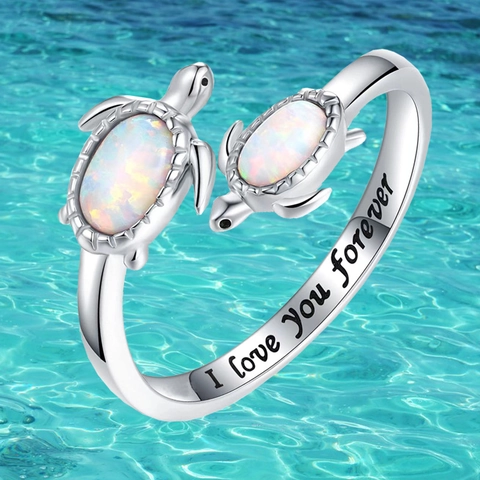 Alloy Sea Turtle Open Ring For Women With Imitation Opal Inlaid I Love You Forever Engraved Adjustable Fashion Jewelry Gift
