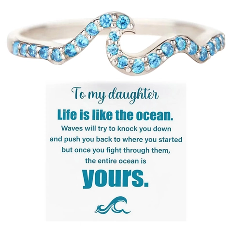 Luxury Alloy Blue Zirconia Water Wave Ring For Women Minimalist Silver Plated Ocean Inspired Finger Ring Jewelry Gift