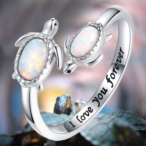 Alloy Sea Turtle Open Ring For Women With Imitation Opal Inlaid I Love You Forever Engraved Adjustable Fashion Jewelry Gift
