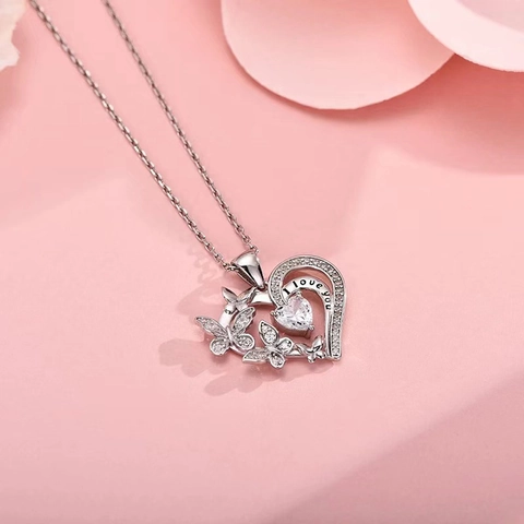 Romantic Alloy Heart Butterfly Pendant Necklace Earrings Set With Stainless Steel Chain Zirconia I Love You Jewelry For Women