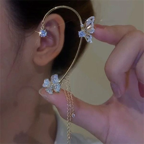 Butterfly Flower Tassel Ear Cuff Earrings Alloy Rhinestone Gold Silver Plated No Pierced Earring Jewelry Gift For Women
