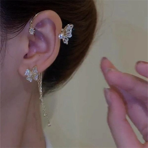 Butterfly Flower Tassel Ear Cuff Earrings Alloy Rhinestone Gold Silver Plated No Pierced Earring Jewelry Gift For Women