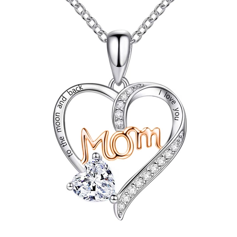 Heart Pendant Necklace With MOM Lettering And Zirconia Stainless Steel Chain Mother's Day Gift For Women Fashion Jewelry