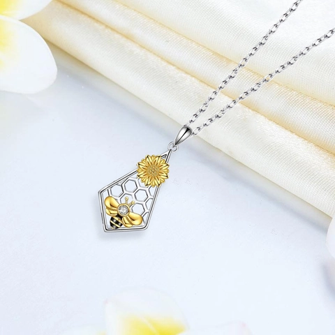 Moda Aleación Abeja Girasol Panal Colgante Collar Pendientes Joyería Con Cadena de Acero Inoxidable Para Mujer Niñas Regalo