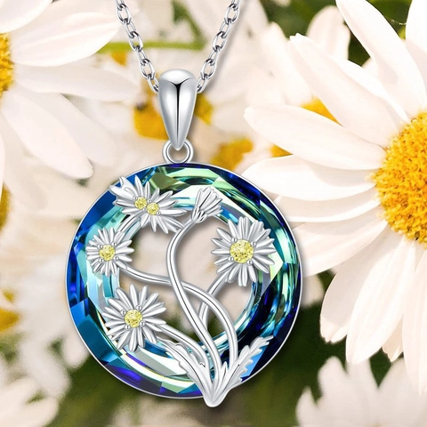 Daisy Flower Artificial Crystal Pendant Necklace With Stainless Steel Cross Chain Alloy Floral Jewelry Gift For Women