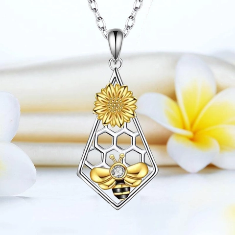 Moda Aleación Abeja Girasol Panal Colgante Collar Pendientes Joyería Con Cadena de Acero Inoxidable Para Mujer Niñas Regalo