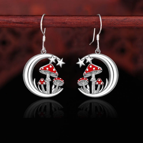 Vintage Alloy Enamel Red Mushroom Moon Star Jewelry Alloy Jewelry Silver Color Earrings Necklace For Women Fairy Tale Forest Style Jewelry