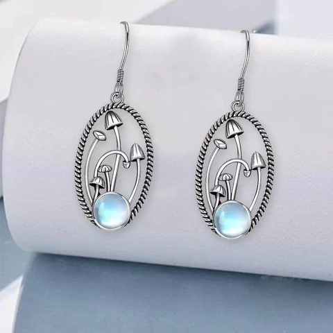 Vintage Mushroom Moon Pendant Necklace Earrings Jewelry Set Silver Plated Alloy Forest Style With Moonstone Look Accents