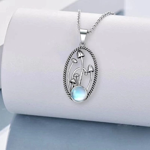 Vintage Mushroom Moon Pendant Necklace Earrings Jewelry Set Silver Plated Alloy Forest Style With Moonstone Look Accents
