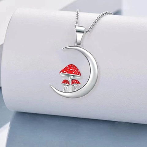 Cottagecore Mushroom Crescent Moon Necklace Earrings Set For Women Enamel Alloy Jewelry Gift With 925 Sterling Silver Earring Post