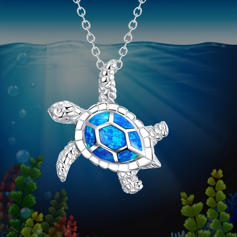 Cute Alloy Sea Turtle Pendant Necklace And Earrings Set With Synthetic Opal Inlaid Stainless Steel Chain Jewelry For Women