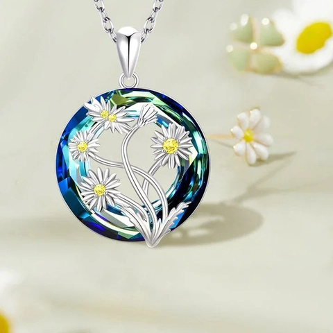 Daisy Flower Artificial Crystal Pendant Necklace With Stainless Steel Cross Chain Alloy Floral Jewelry Gift For Women