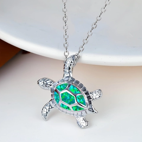 Cute Alloy Sea Turtle Pendant Necklace And Earrings Set With Synthetic Opal Inlaid Stainless Steel Chain Jewelry For Women