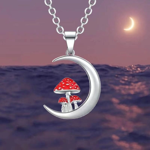 Cottagecore Mushroom Crescent Moon Necklace Earrings Set For Women Enamel Alloy Jewelry Gift With 925 Sterling Silver Earring Post