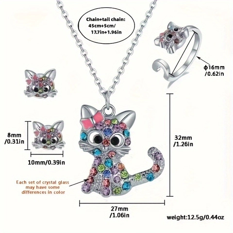 Cute Cartoon Cat Jewelry Set Colorful Rhinestone Alloy Necklace Earrings Ring With Stainless Steel Chain For Women Girls Gift