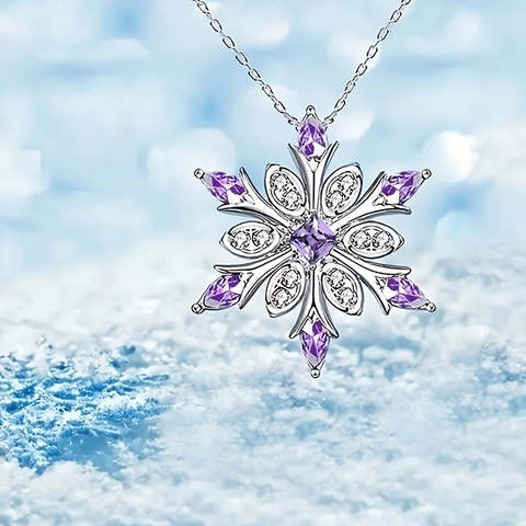 Elegant Snowflake Pendant Necklace And Earrings Alloy Purple Rhinestone Stainless Steel Chain Christmas Jewelry For Women Girls Birthday Gift