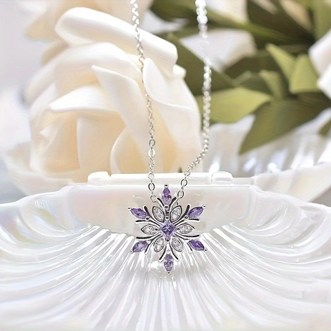Elegant Snowflake Pendant Necklace And Earrings Alloy Purple Rhinestone Stainless Steel Chain Christmas Jewelry For Women Girls Birthday Gift