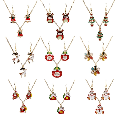 Alloy Enamel Christmas Necklace And Earrings For Women Festive Santa Claus Reindeer Snowflake Tree Rhinestone Jewelry