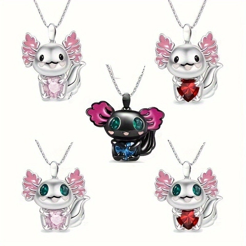 Cartoon Axolotl Jewelry Set Cute Enamel Salamander Necklace Earrings With Stainless Steel Chain Rhinestone Heart Jewelry