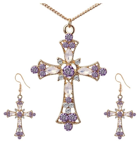 Vintage Legering Kruis Sieradenset Met Strass Ingelegde Hanger Ketting En Oorhaak Oorbellen Boheemse Religieuze Accessoires Voor Vrouwen