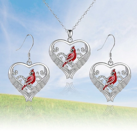 Cardinal Bird Heart Wing Pendant Necklace Earrings Jewelry With Stainless Steel Chain Alloy Rhinestone Enamel For Women Gift