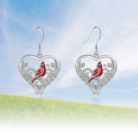 Cardinal Bird Heart Wing Pendant Necklace Earrings Jewelry With Stainless Steel Chain Alloy Rhinestone Enamel For Women Gift
