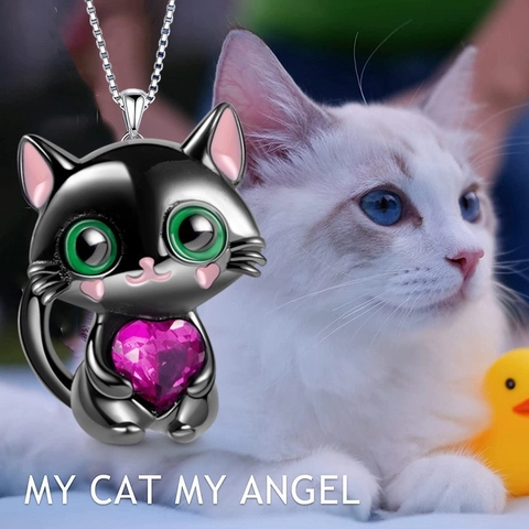 Cartoon Black Cat Hugging Heart Pendant Necklace For Women Cute Animal Stainless Steel Chain Alloy Rhinestone Jewelry Gift