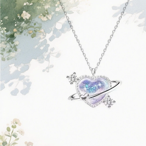 Galaxy Heart Planet Pendant Necklace Alloy Artificial Diamond Inlaid Sweet Galaxy Starry Sky Jewelry Gift For Women