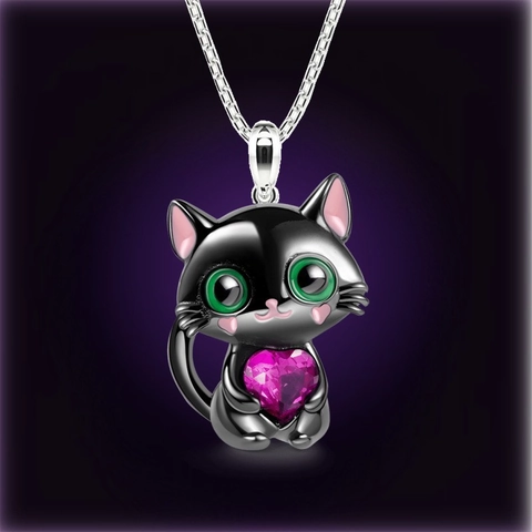 Cartoon Black Cat Hugging Heart Pendant Necklace For Women Cute Animal Stainless Steel Chain Alloy Rhinestone Jewelry Gift