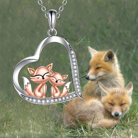 Stainless Steel Chain Alloy Heart Fox Mother Child Pendant Necklace Rose Gold Silver Two-Tone Zirconia Jewelry For Women